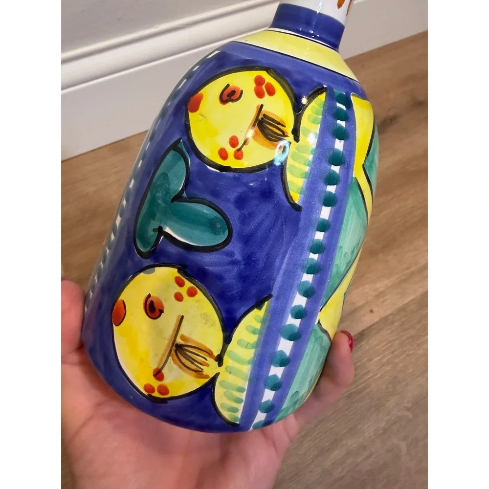 Duca di Camastra Italian Ceramic Vase Fish Blue Yellow Mediterranean Pottery VTG